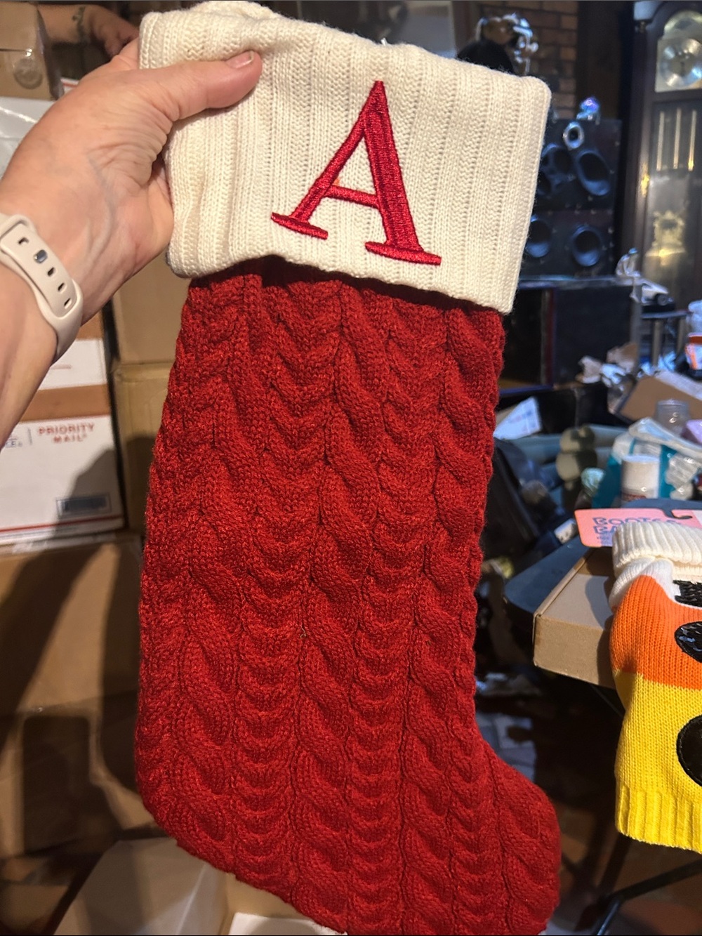 Monogram Cable Knit Christmas Stocking - Red with Cream Cuff